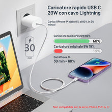 Carica l'immagine nel visualizzatore di Gallery, Caricatore per iPhone, Caricatore USB C da 20W con Cavo per iPhone da 1M, Caricabatterie per iPhone 14/13/ 12/11/ X/ 8/7