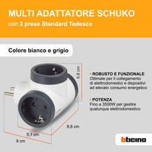Carica l'immagine nel visualizzatore di Gallery, BTICINO Adattatore S3626D, 3 Prese Schuko Standard Tedesco, Spina Grande 16A, Presa multipla su 3 Lati, Potenza Fino a 3