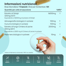 Carica l'immagine nel visualizzatore di Gallery, Shilajit Complex 18210mg, 120 Capsule Vegane, 1 al Giorno (per 4 Mesi), con Ashwagandha Bio, Curcuma Bio, Lions Mane Mus