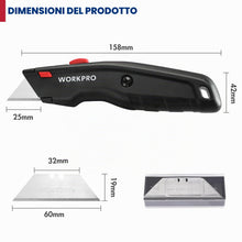 Carica l'immagine nel visualizzatore di Gallery, WORKPRO Set di Coltello di Sicurezza 3 Pezzi, Coltello Retrattile, Coltello Taglierino con 10 Lama di Ricambio a Cambio 