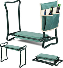 Carica l'immagine nel visualizzatore di Gallery, VOUNOT® Inginocchiatoio da Giardino 2 in 1, Sgabello Pieghevole con Cuscino Morbido in EVA e Borsa Porta Attrezzi, Struttura in Acciaio Robusta, Ideale per Giardinieri, Verde