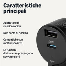 Carica l'immagine nel visualizzatore di Gallery, Caricabatterie da auto a ricarica rapida Amazon Basics, 1 USB-C + 1 USB-A + 1 cavo a spirale integrato, 60 W, nero