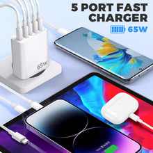Carica l'immagine nel visualizzatore di Gallery, Caricatore USB C Rapido, 65W 5-Porte Presa USB Caricabatterie USB C Multipla con Caricatore QC 3.0 Carica Cellulare, Spi
