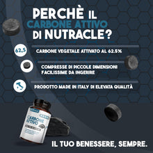 Carica l'immagine nel visualizzatore di Gallery, Nutracle Carbone Attivo Vegetale 120 compresse da 500mg - Integratore contro Gonfiore Addominale e Gas Intestinale Flatu