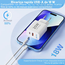 Carica l'immagine nel visualizzatore di Gallery, Bigfish Caricatore USB C, 2 porte, caricatore multiplo con USB-C e USB-A, caricatore rapido da 20 W, PD 3.0, adattatore 