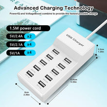 Carica l'immagine nel visualizzatore di Gallery, Caricatore USB multiplo, 50 W, 10 porte, alimentatore USB, stazione di ricarica multiporta, hub USB compatibile con iPho
