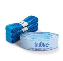 Carica l'immagine nel visualizzatore di Gallery, LillOne Kit Cassetta Riutilizzabile + 3 Ricariche Extra Lunghe 7 Strati da 7m – Compatibile con Mangiapannolini Maialino