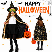 Carica l'immagine nel visualizzatore di Gallery, Costume di Halloween per bambini, mantello da strega con cappello, zucca, borsa per caramelle, mantello da mago con ogge