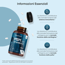 Carica l'immagine nel visualizzatore di Gallery, MSM Integratore 2500mg, Vegano, 6 Mesi, 360 Compresse di MSM Vitamina C