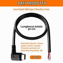 Carica l'immagine nel visualizzatore di Gallery, 5 Pezzi 30cm 22AWG Angolo Retto USB Tipo C Maschio SPina Cavo 2 Fili di Alimentazione Pigtail Cavo, 5V 3A USB-C a 2 Pin 