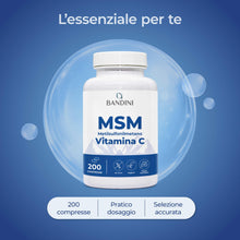 Carica l'immagine nel visualizzatore di Gallery, Bandini® MSM 2000 mg di Metilsulfonilmetano in COMPRESSE + Vitamina C, Integratore per Capelli, Pelle, Articolazioni, Un