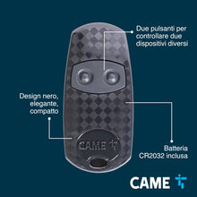 Carica l'immagine nel visualizzatore di Gallery, CAME Telecomando TOP-432EE bicanale nero multiutenza codice fisso con autoapprendimento, 433,92 MHz, batteria CR2032 inc