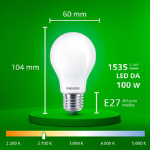 Carica l'immagine nel visualizzatore di Gallery, PHILIPS Classic ultra-efficient LED bulb with energy efficiency class A, E27 base, 100W, frosted, warm white light, long