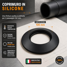 Carica l'immagine nel visualizzatore di Gallery, TYGERIX® Rosone Coprimuro Nero in Silicone da 100 mm | Rosetta Flessibile per Copertura Tubi di Caldaie Stufe e Qualsias