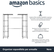 Carica l'immagine nel visualizzatore di Gallery, Amazon Basics Sistema organizer espandibile per armadio - Nero, 144.8 - 203.2 x 35.6 x 182.9 cm