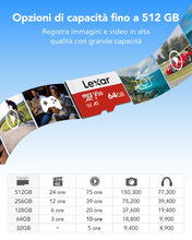 Carica l'immagine nel visualizzatore di Gallery, Lexar Micro SD 64 GB, Scheda Micro SD fino a 100 MB/sec(R), Scheda di Memoria microSDXC con Adattatore SD, A1, U3, C10, 