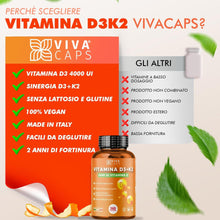 Carica l'immagine nel visualizzatore di Gallery, Vitamina d3 k2 mk7 vegana alto dosaggio 365 Micro compresse, Vitamina d3 4000 ui e 200 mcg di Menachinone per sistema im