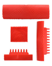 Carica l'immagine nel visualizzatore di Gallery, QWORK® 4 Pezzi Strumento Venatura Effetto Legno in Gomma, Rullo per Pittura a Struttura in Legno (Rosso, 7,4/8,7/13/15 c