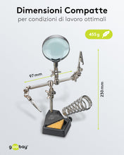 Carica l'immagine nel visualizzatore di Gallery, goobay Terza mano con lente d'ingrandimento e supporto per saldatore - Aiuto per saldatura per lavori di precisione con 