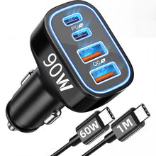 Carica l'immagine nel visualizzatore di Gallery, 90W 4-Porte Caricatore Auto USB C/A Caricabatterie Accendisigari + 1M Cavo