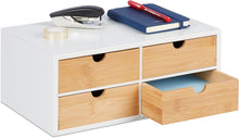 Carica l'immagine nel visualizzatore di Gallery, Relaxdays Organizer da Scrivania, bambù e MDF, Portaoggetti Salvaspazio con 4 Cassetti, HLP 14x33x21 cm, Bianco/Naturale
