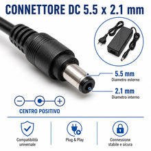 Carica l'immagine nel visualizzatore di Gallery, Alimentatore 12V 5A 60W AC/DC Stabilizzato, Trasformatore Switching con Cavo Rete e Connettore DC 5.5x2.1mm, per Strisce
