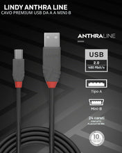 Carica l'immagine nel visualizzatore di Gallery, LINDY 36724 - Cavo USB 2.0 Anthra Line, USB Tipo A Maschio a Mini B Maschio, 3 m