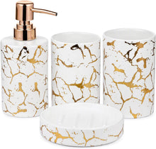 Carica l'immagine nel visualizzatore di Gallery, Set di accessori per il bagno, 4 pezzi, set di accessori da bagno in ceramica di lusso, 2 portaspazzolino/bicchiere + dispenser di sapone liquido o lozione con pompa oro rosa + portasapone