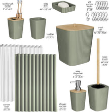 Carica l'immagine nel visualizzatore di Gallery, Clara Clark - Set di accessori da bagno, 20 pezzi, set di tende da doccia, scopino per WC, cestino della spazzatura e dispenser di sapone, colore verde salvia.