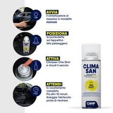 Carica l'immagine nel visualizzatore di Gallery, CAMP Climasan One Shot Spray - Igienizzante climatizzatore e abitacolo auto monodose, Spray pulizia condizionatore, Made