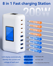 Carica l'immagine nel visualizzatore di Gallery, 200W Caricatore USB Multiplo, 8 Porte Caricatore USB C con PD 65W e QC 18W, Stazione di Ricarica Rapida con Schermo LCD,