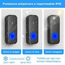 Carica l'immagine nel visualizzatore di Gallery, AIMAX Campanello senza fili con 1 trasmettitore e 2 ricevitori, portata 400 m, impermeabilità IP55, 55 suonerie, 5 livel