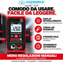 Carica l'immagine nel visualizzatore di Gallery, Multimetro Digitale Smart HT123, Tester Elettrico NCV CAT II 600V con Display LCD, Rilevamento Automatico AC/DC, Misura 