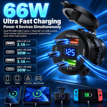 Carica l'immagine nel visualizzatore di Gallery, Presa USB 12V/24V 66W per Auto, 4 Porte PD 30W QC 3.1