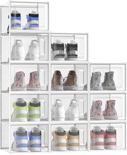 Carica l'immagine nel visualizzatore di Gallery, SONGMICS Scatole per Scarpe, Contenitori per Scarpe, Organizzatori Portascarpe Pieghevoli e Impilabili, Fino alla Taglia 47, Set di 12, Trasparente e Bianco Nuvola LSP12MWT