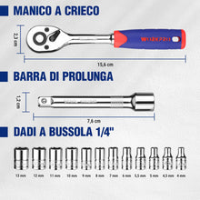 Carica l'immagine nel visualizzatore di Gallery, WORKPRO Set di Chiavie a Cricchetto 1/4", Chiavi a Bussola 72 Denti 14 Pezzi, con Sgancio Rapido e Barra di Estensione