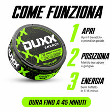 Carica l'immagine nel visualizzatore di Gallery, DUXX Energy Pouches con Caffeina 200mg – Integratore Alimentare con Caffeina, per Giornate Intense, Ideale per Lavoro, S