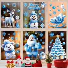 Carica l'immagine nel visualizzatore di Gallery, AhfuLife 173 Pezzi di Vetrofanie Natalizie per Finestre, 9 Fogli di Adesivi Blu Autoadesivi Riutilizzabili a Doppio Lato, Babbo Natale, Pupazzo di Neve e Albero per Decorazioni Natalizie
