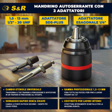 Carica l'immagine nel visualizzatore di Gallery, S&amp;R Mandrino Trapano Autoserrante SDS-Plus. Mandrino per Avvitatore a Chiusura Rapida 1.5-13 mm 1/2" - 20UNF - Filettatu