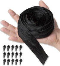 Carica l'immagine nel visualizzatore di Gallery, IPEA Cerniera Lampo Catena Continua misura #5 Nera - [ 5 METRI + 15 CURSORI IN METALLO ] - Made in Italy - Zip Ritagliabile per Cucito, Abbigliamento, Accessori - Larghezza 30 mm - Nero Grigio