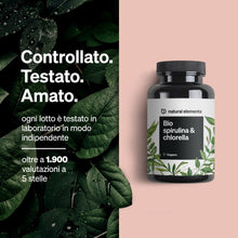 Carica l'immagine nel visualizzatore di Gallery, Spirulina Bio &amp; Chlorella, 500 compresse, natural elements, 2400 mg di Spirulina biologica + 2400 mg di Chlorella per do