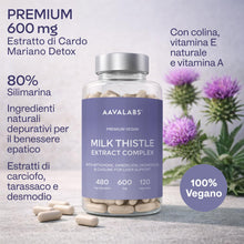 Carica l'immagine nel visualizzatore di Gallery, Cardo Mariano Fegato 80% Silimarina | Integratore Fegato e Intestino, 600mg Estratto di Cardo Mariano Tarassaco e Carcio