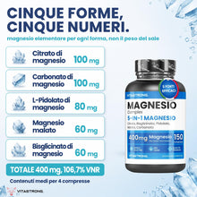 Carica l'immagine nel visualizzatore di Gallery, MAGNESIO COMPLETO 400mg - 5 in 1 - Magnesio Bisglicinato + Citrato + Pidolato + Malato e Carbonato – Integratore Antistr