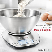 Carica l'immagine nel visualizzatore di Gallery, Boston Tech Bilancia Cucina Digitale con Ciotola Rimovibile in Acciaio Inox, Bilancia da Cucina 5 kg/1 g, Display LCD Re