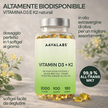 Carica l'immagine nel visualizzatore di Gallery, Vitamina D3 K2 Alto Assorbimento Olio Extravergine d'Oliva - Vitamina D3 2000 UI + Vitamina K2 MK7 100 μg - Vitamina D 2