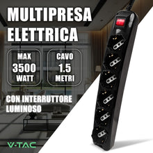 Carica l'immagine nel visualizzatore di Gallery, V-TAC Multipresa Elettrica Nera 6 Prese con Interruttore e Cavo da 1,5 Metri - 5 Prese 10/16A Bipasso + Schuko - Spina 1
