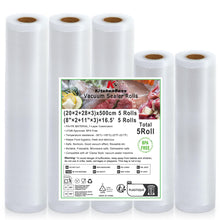 Carica l'immagine nel visualizzatore di Gallery, KitchenBoss Sacchetti Sottovuoto Alimenti 5 Rotoli：Buste Sottovuoto Alimenti 28x3/20x2/x500 cm, Rotolo Sottovuoto per Al