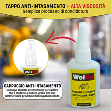 Carica l'immagine nel visualizzatore di Gallery, Wolfix Colla Cianoacrilica con Attivatore - 50g+200ml – Super Attack Professionale per Plastica, Legno, Metallo – Colla 