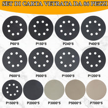 Carica l'immagine nel visualizzatore di Gallery, 86 Pezzi 125mm Dischi Abrasivi, Fette di macinazione 8 fori, 7000/3000/2500/1200/1000/800/600/400/140/150/60 grano, cart