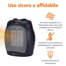 Carica l'immagine nel visualizzatore di Gallery, Amazon Basics Termoventilatore in ceramica da 1800 Watt con termostato regolabile - Nero